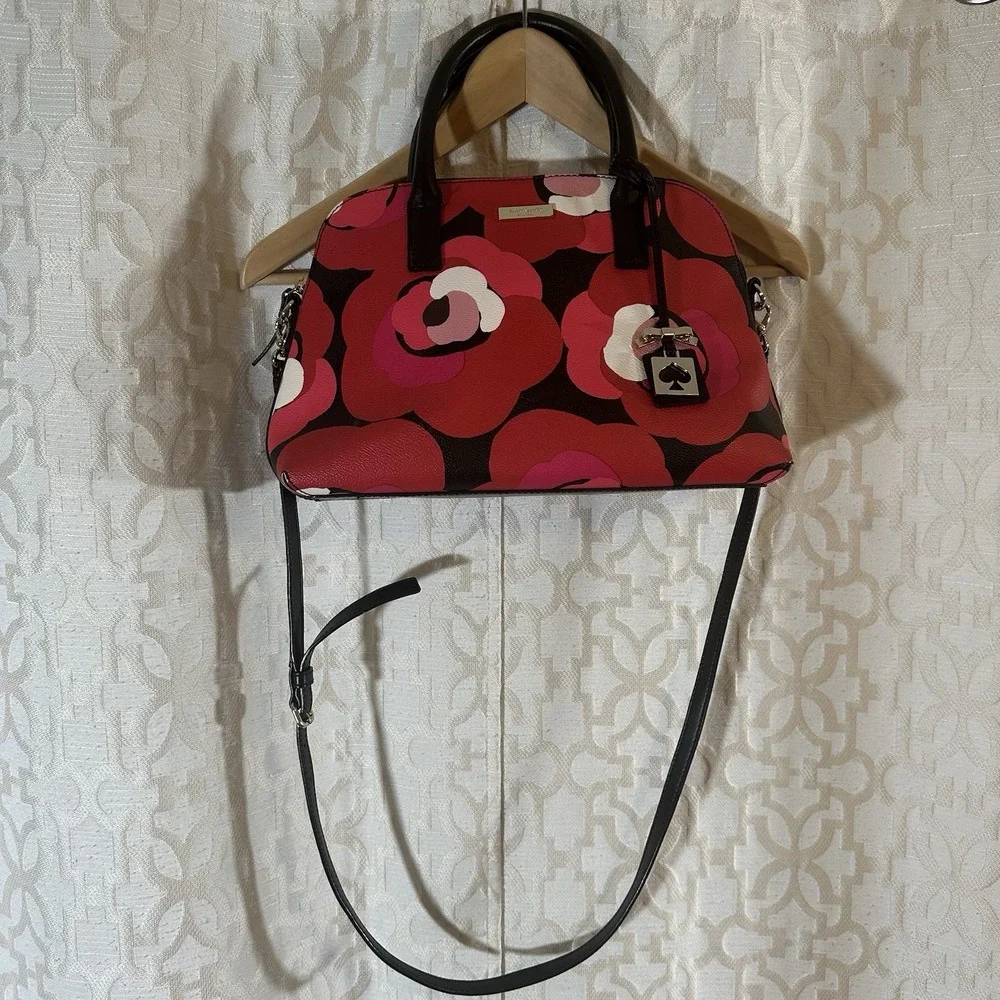 Kate Spade Ellison Avenue Satchel Bag Zip Purse Deco Rose Orient Red Floral EUC - Picture 3 of 12